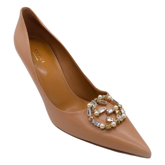 GUCCI BEIGE EMBELLISHED GG POINTED TOE LEATHER PUMPS - Picture 1 of 8